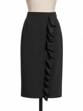ZARA Woman Black Ruffle Front Midi Pencil Skirt Size M High Waist